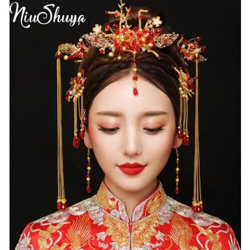 NiuShuya Traditional Chinese Bride Headdress Costume Hairclips Floral Hairpin Wedding Hairwear photography Hair Stick Accessory