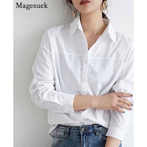 Korean Single Breasted Blouse Women Long Sleeve Loose Casual Bottom Shirt 2020 Autumn Wild White Shirt Cotton Lapel Tops 12657