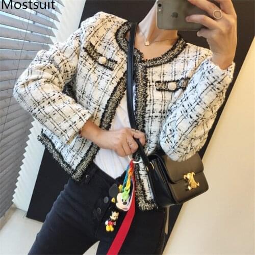 Korean Vintage Elegant Tweed Coats Jackets Women 2020 Autumn Winter Long Sleeve O-neck Fashion Ladies Jackets