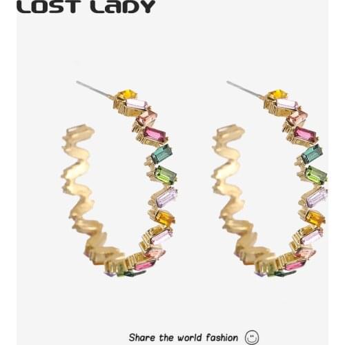 Lost Lady Fashion Charm Crystal Hoop Earrings Gold Color Geometric Round Earrings for Women C Shape Woman Earring Party Jewelry