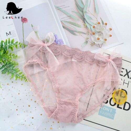 Leechee Women Plus Size Mesh Panties Mid-Waist Lace Hollow Bowknot Briefs Wave Point Transparent Fairy Style Sexy Underwear