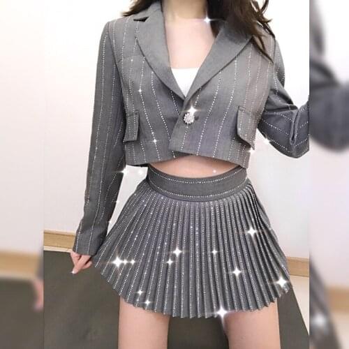 2158 autumn new fashion slim suit collar stripe hot drill long sleeve half skirt pleated hot drill short suit women