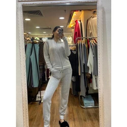 2020 Drawstring Wool Fiber Full Zipper V-neck Winter New Knitted Cashmere Two-piece Women Two Piece Outfits Set Top And Pants