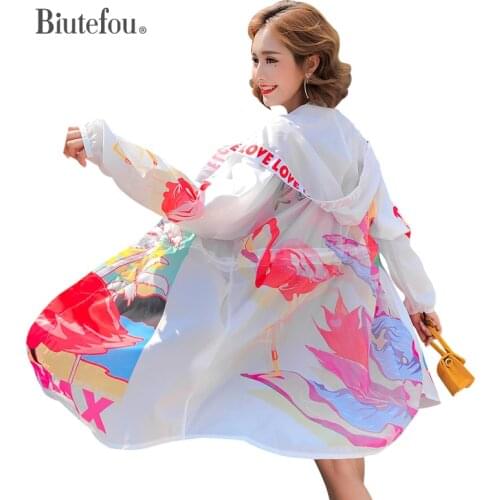 2021 Summer Women Long Cartoon Flamingos Print Thin Hooded Coats