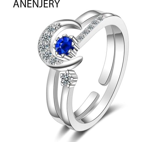 ANENJERY 925 Sterling Silver Fashion Moon Star Open Finger Ring With Blue Zircon Embellished Jewelry For Women Gifts S-R484