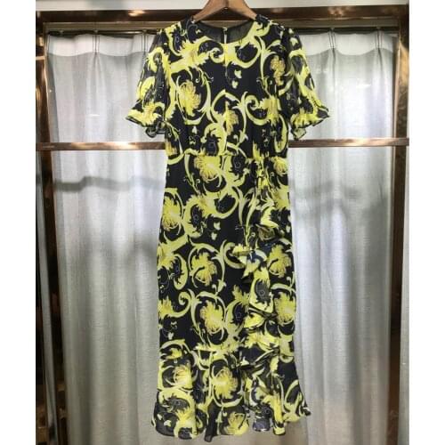 Summer 2021 Womens Runways retro print ruffles Dress High quality fishtail dress B452