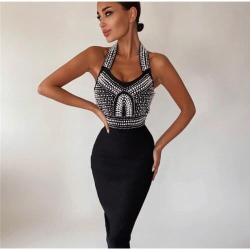 Sexy Backless Bandage Dress Fashion Beading Nightclub Party Women Vestidos 2021 Summer Sleeveless Knitted Midi Dresses