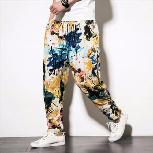 M-5xl 2021 New Spring And Summer Mens Linen Wide Leg Pants Loose Loose Casual Floral Print Harem Pants Cotton Linen Beach Pants