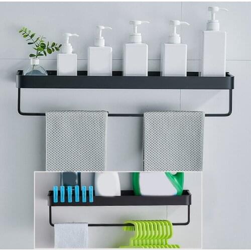 Bathroom Black Shelf with Towel Bar Aluminum Corner Shelves Towel Rack Shampoo Holder Kitchen Storage Rack