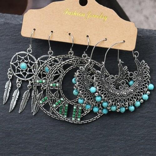 Ethnic Silver Color Earrings Set Summer Vintage Blue Stone Beads Tassel Earrings For Women Boho Earrings
