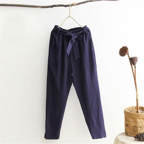 Chinese Vintage Pencil Pants Mens Casual Pencil Full Length Pants Cotton Linen Drawstring Trousers Elastic Waist navy blue