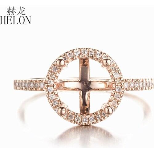 HELON Round 8mm Semi Mount Ring Setting Solid 10K Rose Gold Pave 100% Genuine Natural Diamonds Jewelry Engagement Wedding Ring