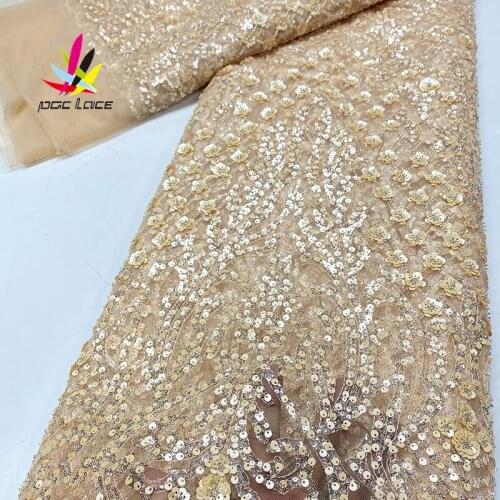 Gold sequence Nigerian sequins net lace 2020 high quality African tulle mesh Wedding fabric for dress