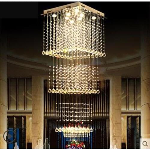 Square crystal chandelier living room lamp Three-story villa double staircase chandelier Restaurant lamp long chandelier modern