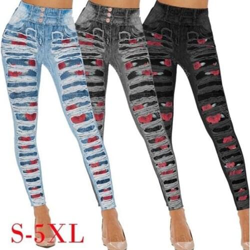 Plus Size Women Yoga Long Leggings Faux Denim Ladies Long Pants Floral Printed High Waist Female Shorts