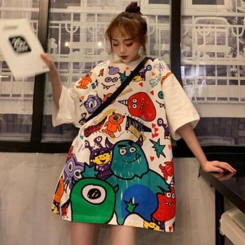 Summer Cute Girl Loose Short-sleeved T-shirt Women Korean Plus Size O-Neck Mid-length Bf Wind Cartoon Graffiti Print T-shirt