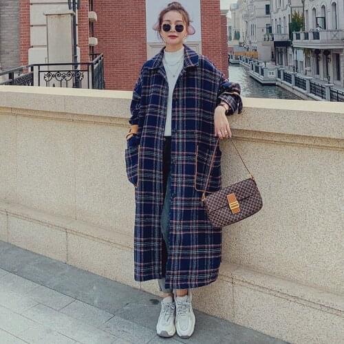 Fashion Women Jacket Coat Female 2021 Winter New Woolen Thick Retro Plaid Long Korean Loose Lapel Single-Breasted Big Pocket