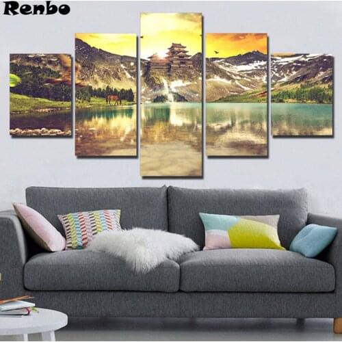 5 Pieces Temple Diamond embroidery Lake Tree Landscape DIY diamond painting Picture Of Rhinestones 5d square mosaic Decor Home