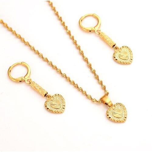 Gold love heart family set Jewelry Pendant Chain Earrings African Dubai Bride Wedding women girls Bijoux mother gift
