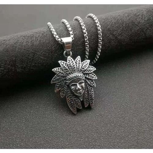 POTCET Neutral Stainless Steel Indian Chief Titanium Pendant Necklace Retro Geometric Fashion Hip Hop Party Jewelry