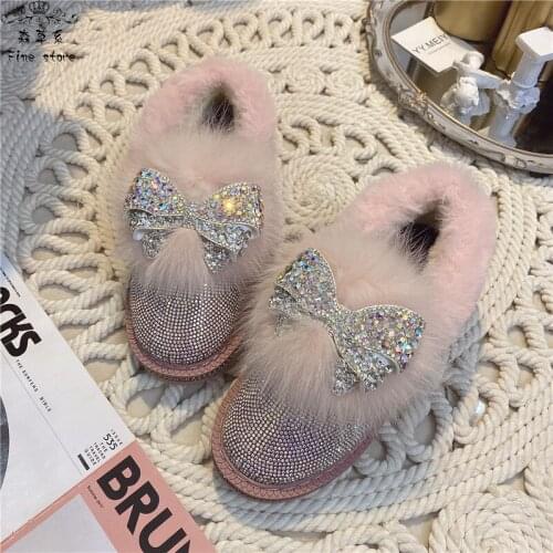 New cute bow rhinestone padded warm cotton boots sweet girl non-slip Mao Mao shoes