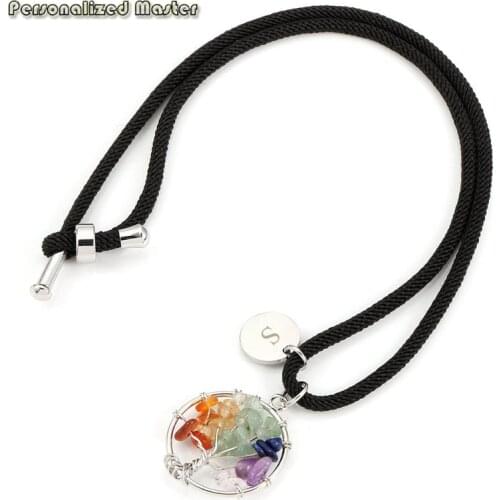 Personalized Engraved Name Word Necklace Fashion Adjustable Choker Necklace with 7 Chakra Healing Crystals Tree of Life Pendant
