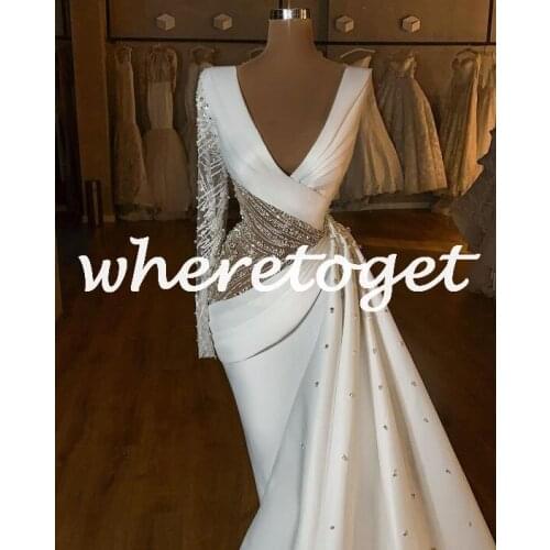 Sexy White Satin African Women Prom Dresses Deep V Neck Plus Size Long Sleeves Front Split Formal Evening Occasion Gowns Robe