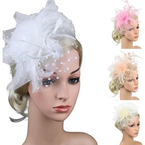 Hat Women Flower Mesh Ribbons Feathers Fedoras Hat Headband or a Clip Cocktail Tea Party noble Headwear for Girls 2021