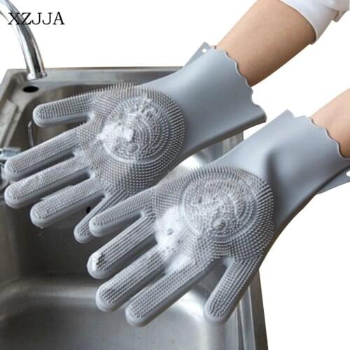 XZJJA 1pair Silicone Magic Cleaning Gloves Kitchen Dish Washing Gloves Household Waterproof Scrub Gloves Kitchen Cleaning Tools