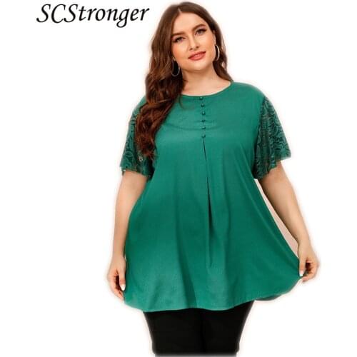 SCSTRONGER Summer Plus Size Womens Green Contrast Lace Short-Sleeved Loose Fashion Casual T Shirt Top Blusas Mujer De Moda 2021
