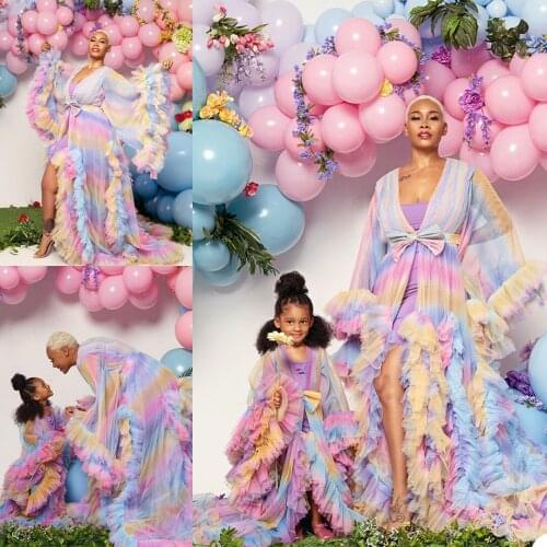 Colorful Tulle Sleepwear Robes Maternity Women Rainbow Bridal Ruffles Pregnant Woman Photoshoot Dress Long Sleeve Party Gowns