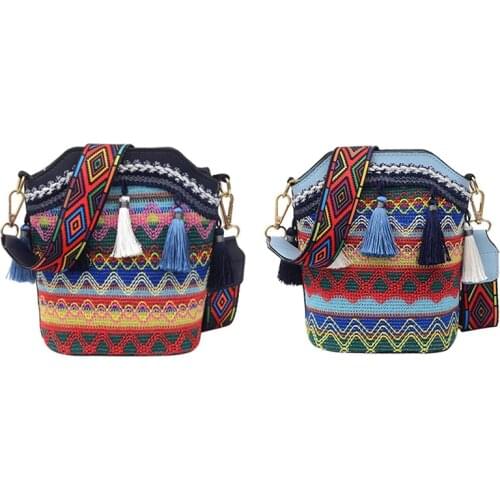2PCS Fashion Bohemian Ethnic Style Womens Straw Woven Shoulder Messenger Bag, Navy Blue & Light Blue