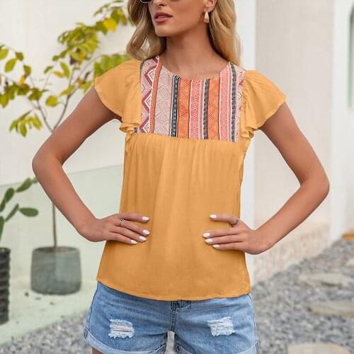 Vintage Ethnic Style Women Loose O Neck Summer Tops Lotus Leaf Short Sleeve Tees Ladies Clothes Print Vintage Casual Fashion New