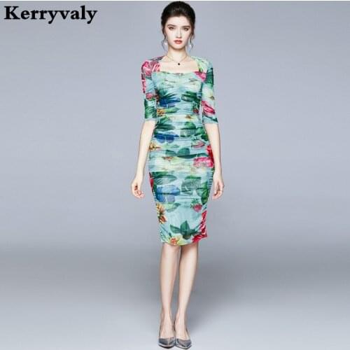 New 2021 Summer Catwalk Foam Sleeve Mesh Pleated Elastic Waistpack Hip Green Print Runway Mini Party Bodycon Women Dress K8855