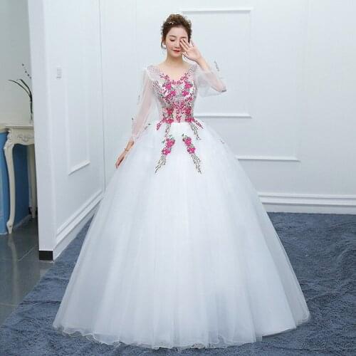 Party Dress Long Sleeve Quinceanera Dresses Classic V-neck Prom Dress Elegant Ball Gown Sweet Floral Print Vestidos Plus Size