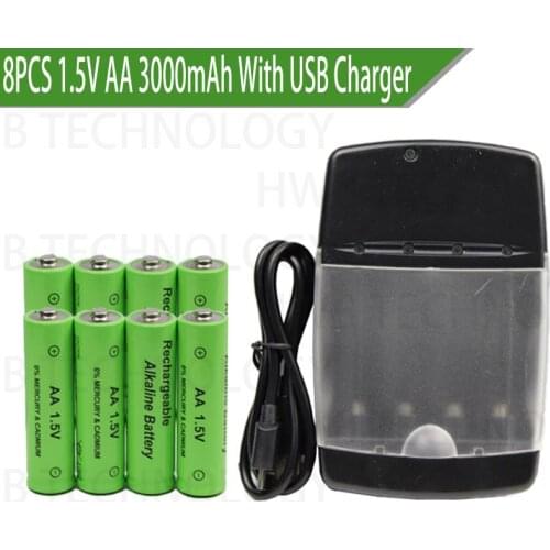8pcs/lot New Brand Alkaline Rechargeable battery 1.5V AA 3000mah + 1pcs USB Smart Alkaline/NI-MH/Ni-Cd battery charger
