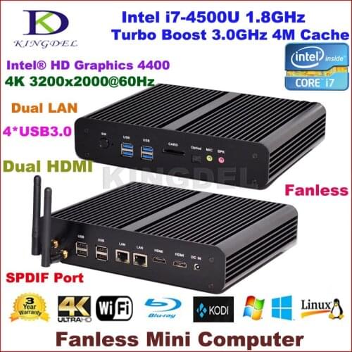 Fanless desktop PC Core i7 4500U/4560U,4*USB 3.0, Dual LAN,Dual HDMI,3D game support,Windows 10
