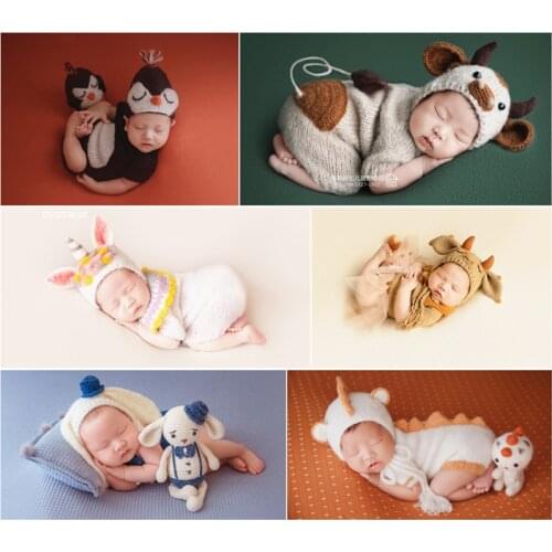 Dvotinst 2021 Newborn Baby Photography Props Cute Cow Outfits Set Knitted Hat Rompers Doll Accessories Studio Shoots Photo Props