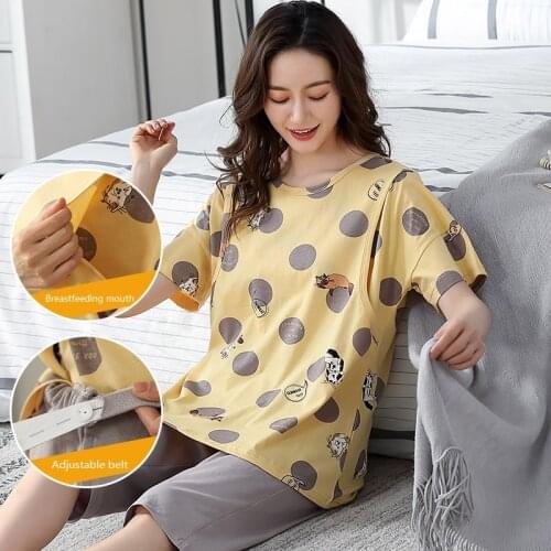 Animal Cat Cotton Pajamas Pregnant Women With Breastfeeding Mouth & Adjustable Belt Postpartum Confinement Home Service Clothing
