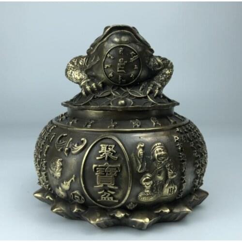 China archaize brass treasure bowl gold toad crafts statue