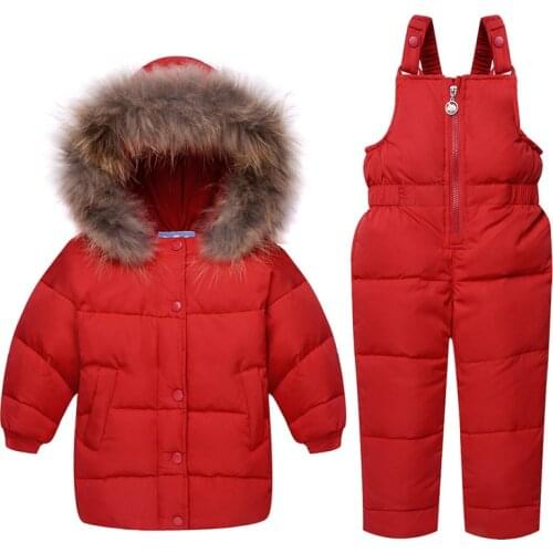 Winter Childrens clothing sets Baby girls boy Ski suit sets Kids sport Jumpsuit warm coats fur Duck down Jackets+bib pants