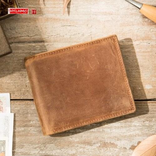 Retro Leather Zipper Horizontal Mens Wallet Short Wallet Coin Purse Card Holder Handmade Original Crazy Horse Leather Men