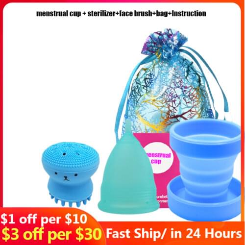 Medical Silicone Menstrual Cup&Foldable Cup Feminine Hygiene Menstrual Period Reusable Vaginal Cups gift Face Cleansing Brush