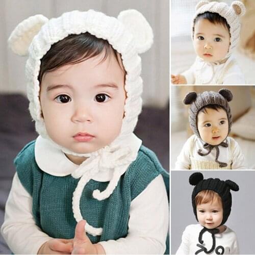 Cute Bear Ear Baby Hat Winter Soft Warm Knitted Boy Girl Hats Caps Solid Color Infant Toddler Ear Protection Beanie Bonnet