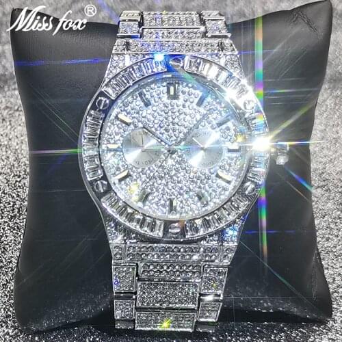 Men Watch MISSFOX Hip Hop Luxury Stylish Quartz Bling Steel Watches Iced Out Casual Sports Waterproof Dive Male Jewelry Clocks