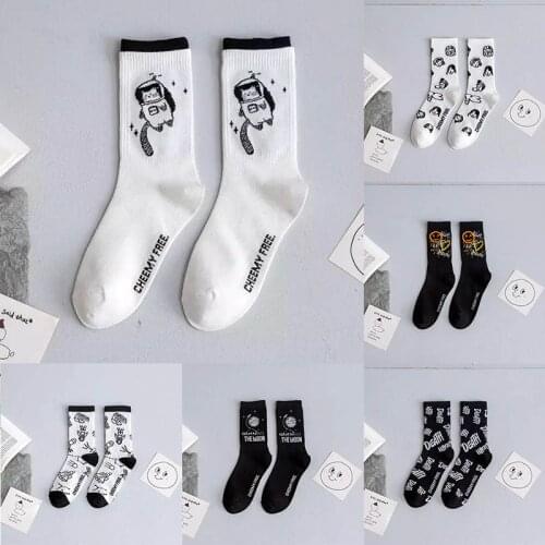 Cartoon Illustration Harajuku Style Socks For Women Girls Breathable Cotton Autumn Winter Mid Tube Socks Funny Female Sox 1Pair