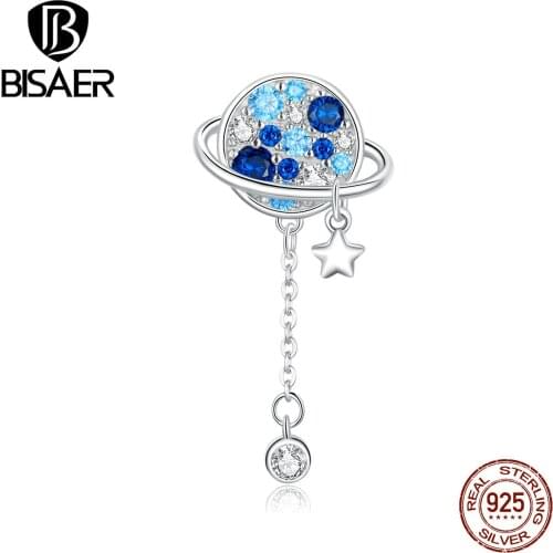 BISAER 2020 New 925 Sterling Silver Mysterious Blue Planet Shape Charms Pendant fit for Bracelets Necklaces Jewelry EFC365