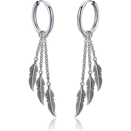 Feather Circle Pendant Tassel Stainless steel Earrings For Women Girls Fashion Punk Style Stud Ear Jewelry Gifts 2 pieces