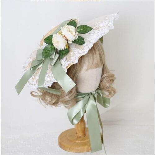 Flower Lolita Lace Bandge Bow Straw Flat Hat Mori Girl Tea Party Cosplay Sunhat Beach Cap B1831
