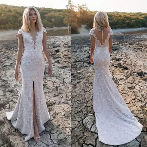 Gorgeous Mermaid Wedding Dresses 2021 Front Slit Cap Sleeve Sheer Neck Lace Appliques Button Boho Bridal Gown Sweep Train